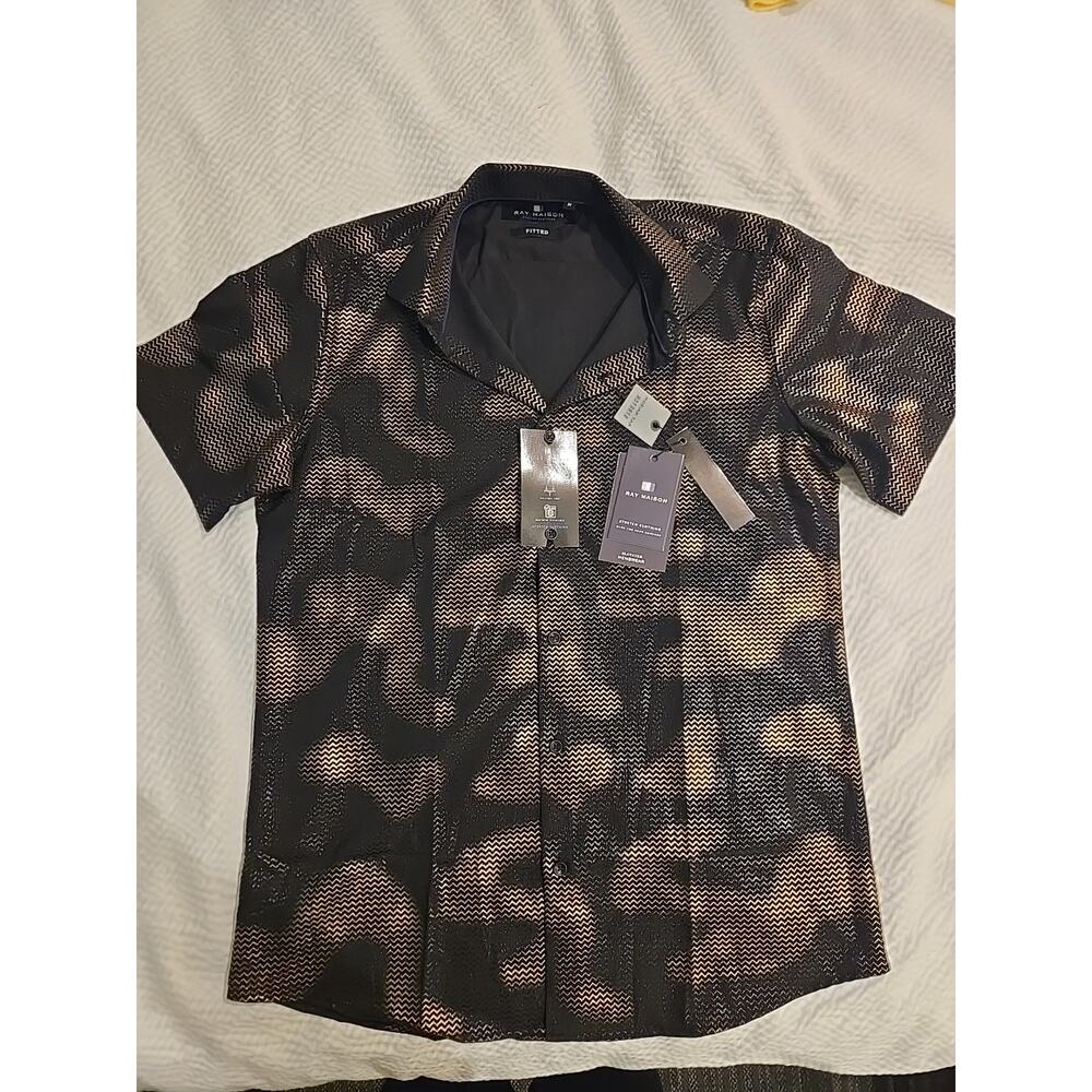 Ray Maison Gold Black Geometric Fitted Short Sleeve Button-Up‎ Shirt Size M